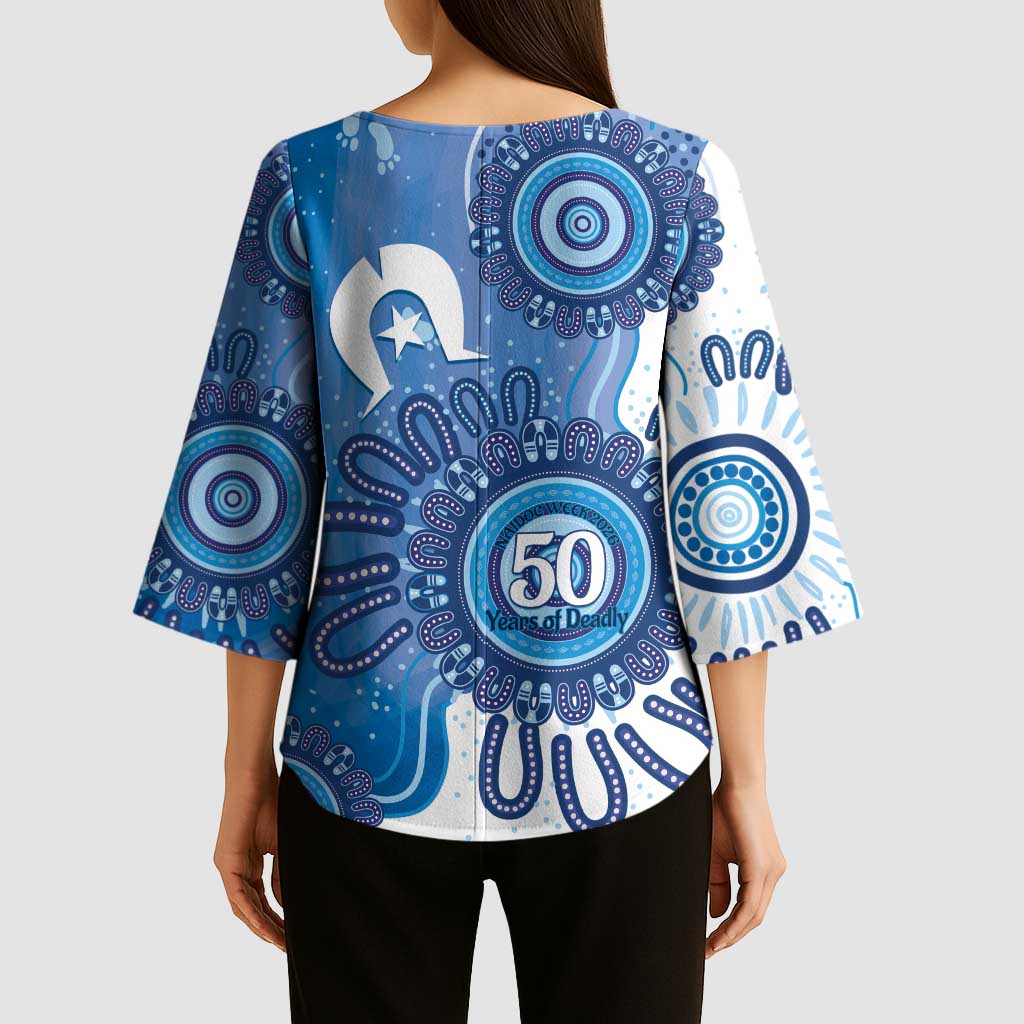 NAIDOC Week 2026 Kimono Sleeve Blouse 50 Years Deadly Dhari Blue Aboriginal Art