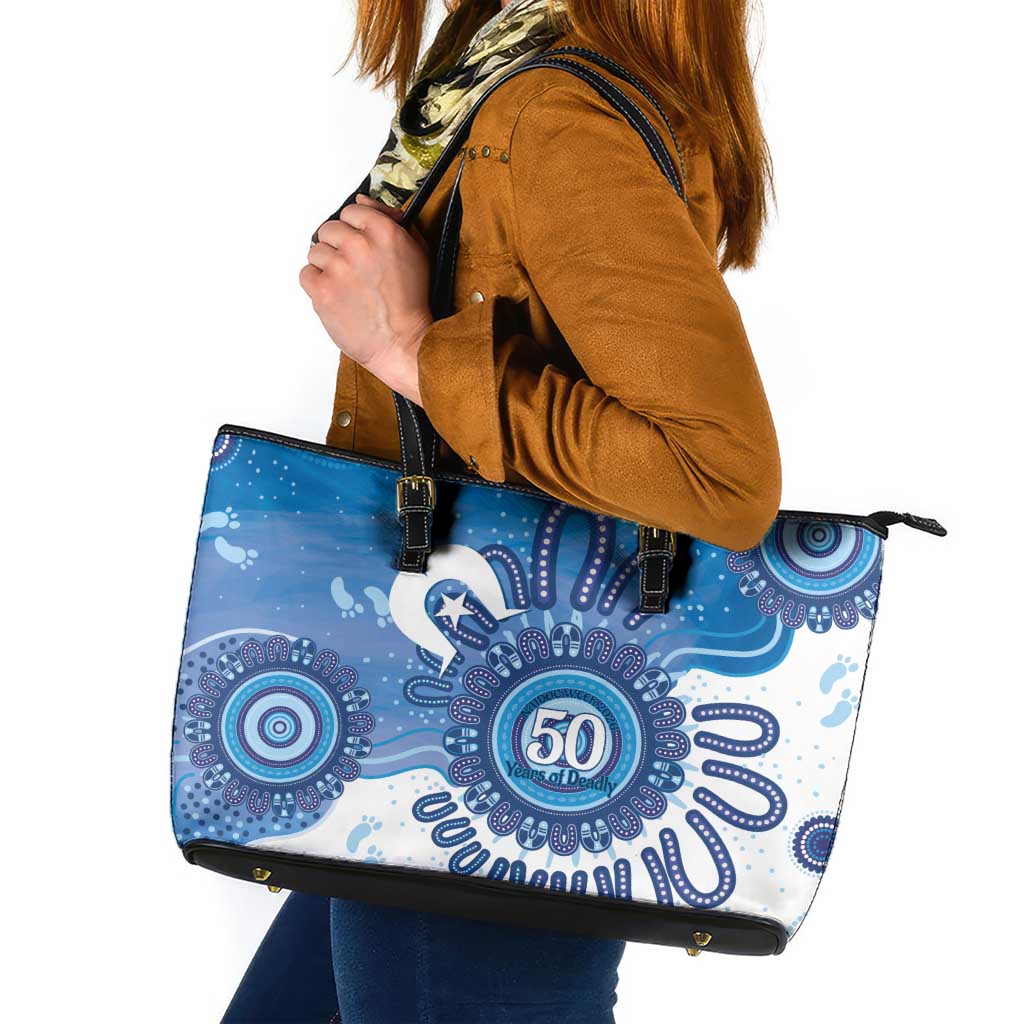 NAIDOC Week 2026 Leather Tote Bag 50 Years Deadly Dhari Blue Aboriginal Art