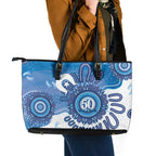 NAIDOC Week 2026 Leather Tote Bag 50 Years Deadly Dhari Blue Aboriginal Art