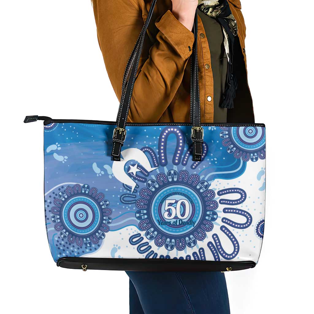 NAIDOC Week 2026 Leather Tote Bag 50 Years Deadly Dhari Blue Aboriginal Art