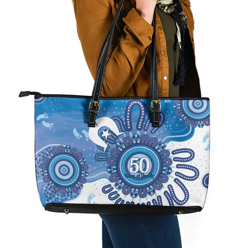 NAIDOC Week 2026 Leather Tote Bag 50 Years Deadly Dhari Blue Aboriginal Art