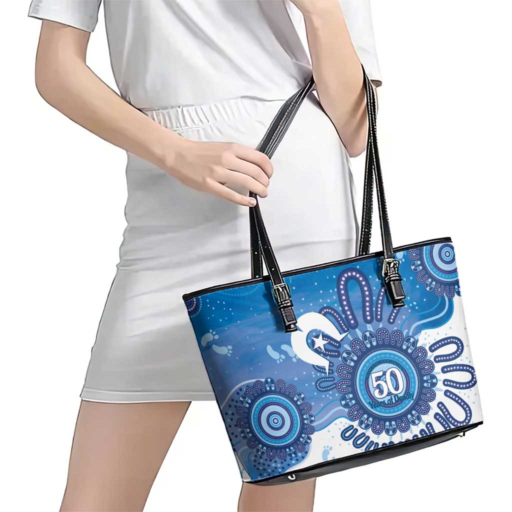 NAIDOC Week 2026 Leather Tote Bag 50 Years Deadly Dhari Blue Aboriginal Art