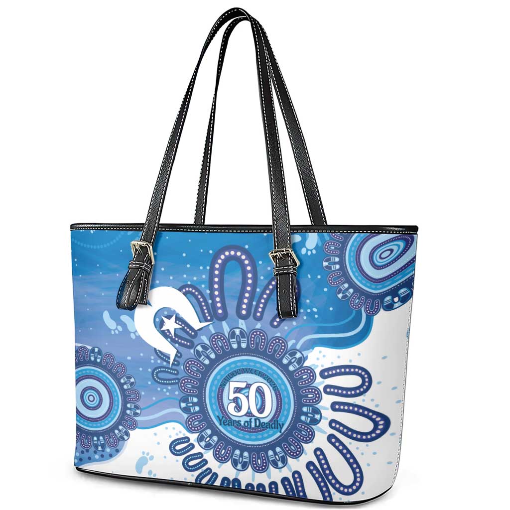 NAIDOC Week 2026 Leather Tote Bag 50 Years Deadly Dhari Blue Aboriginal Art