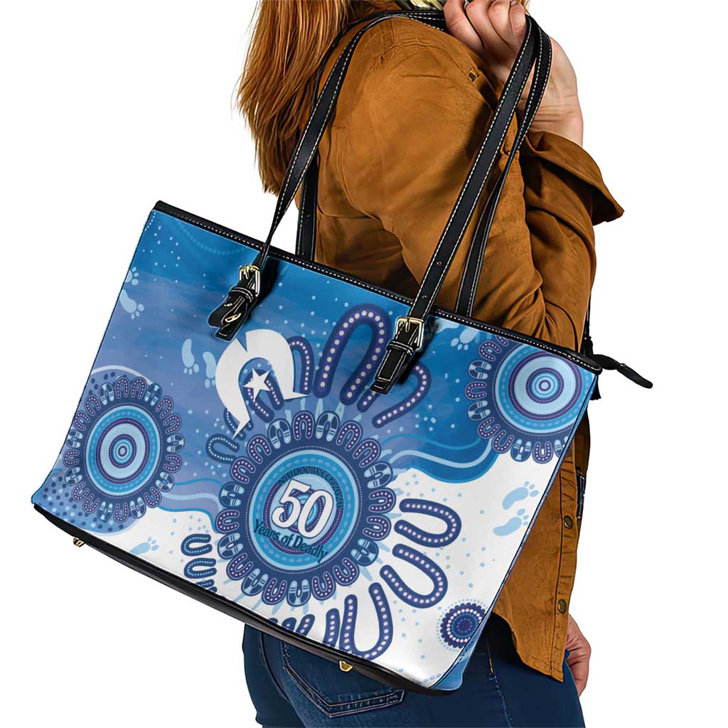 NAIDOC Week 2026 Leather Tote Bag 50 Years Deadly Dhari Blue Aboriginal Art