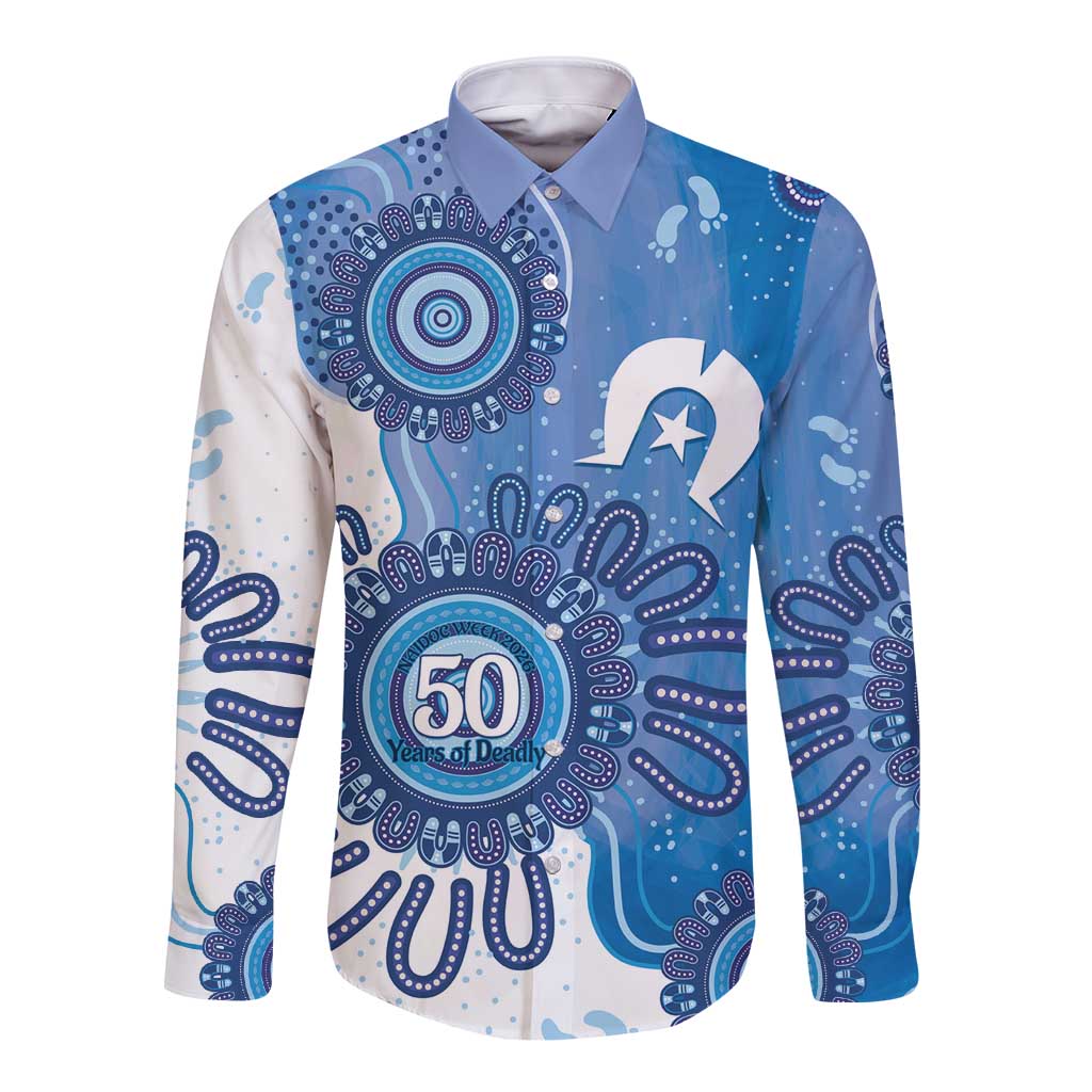 NAIDOC Week 2026 Long Sleeve Button Shirt 50 Years Deadly Dhari Blue Aboriginal Art
