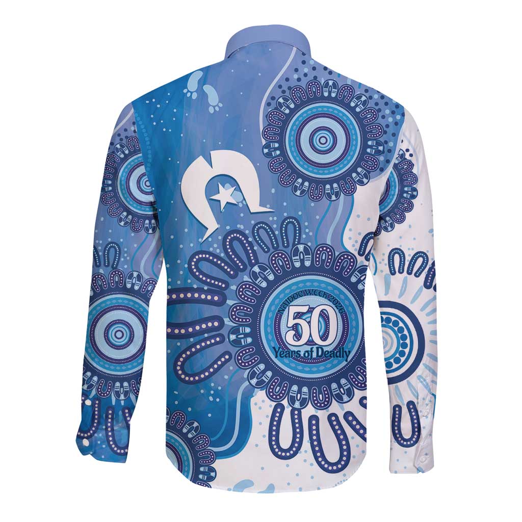 NAIDOC Week 2026 Long Sleeve Button Shirt 50 Years Deadly Dhari Blue Aboriginal Art