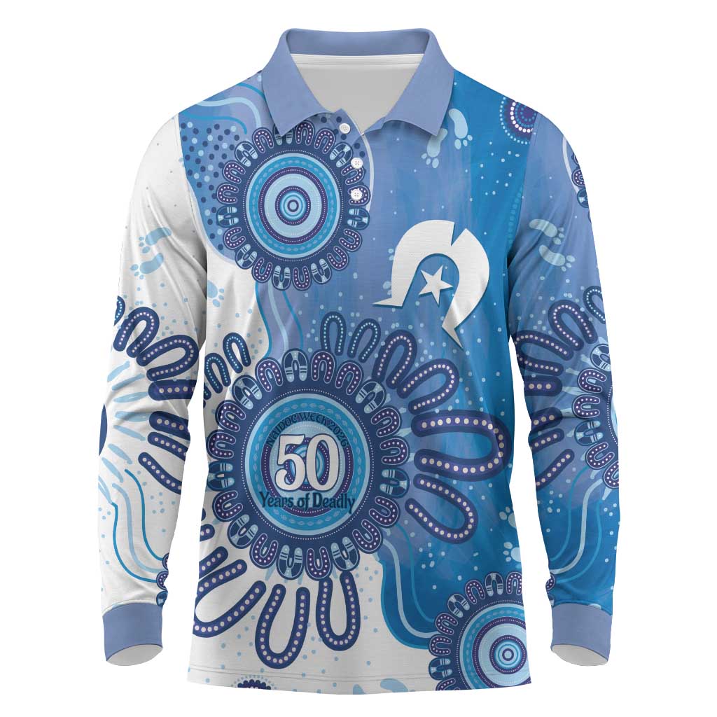 NAIDOC Week 2026 Long Sleeve Polo Shirt 50 Years Deadly Dhari Blue Aboriginal Art