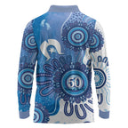 NAIDOC Week 2026 Long Sleeve Polo Shirt 50 Years Deadly Dhari Blue Aboriginal Art