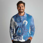NAIDOC Week 2026 Long Sleeve Polo Shirt 50 Years Deadly Dhari Blue Aboriginal Art
