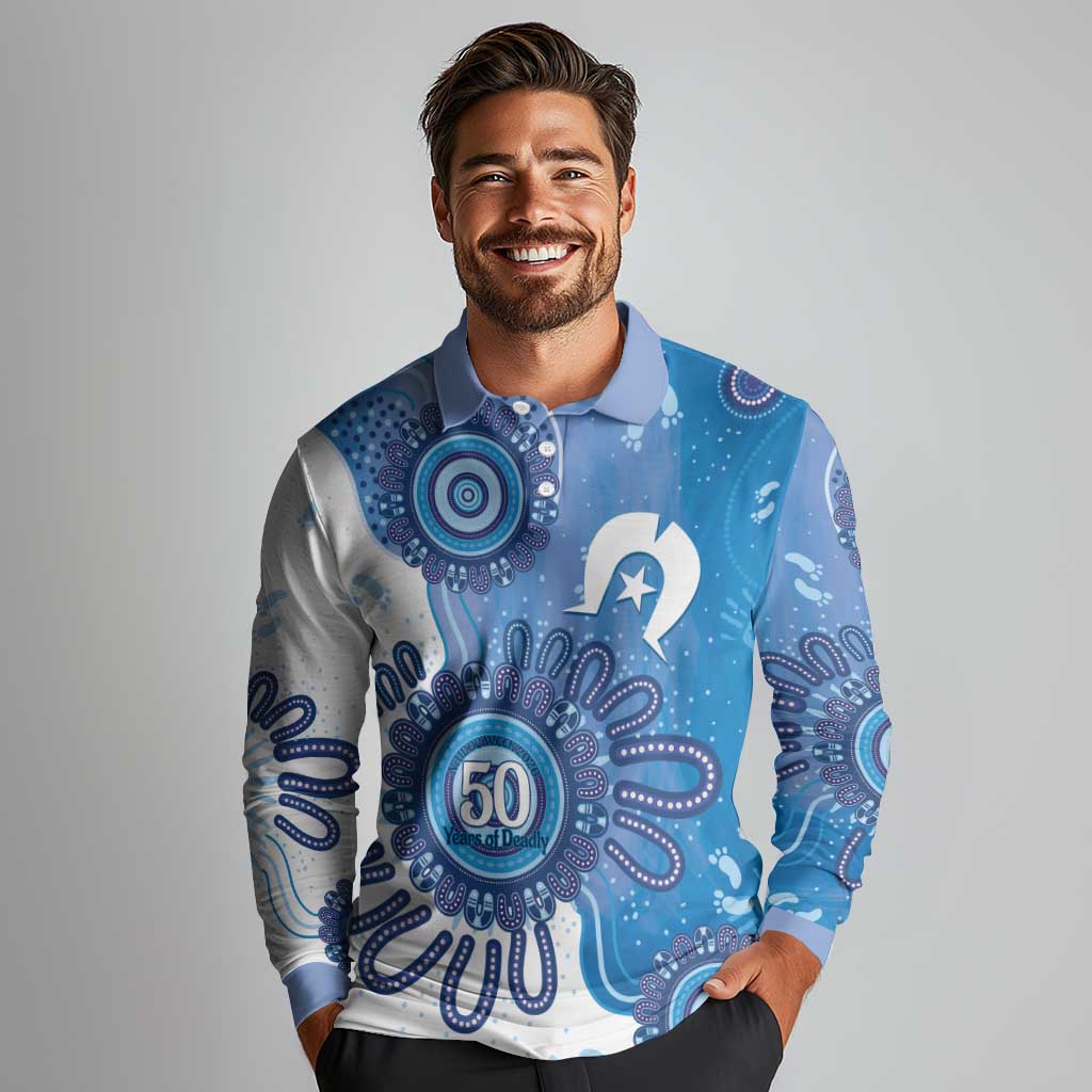 NAIDOC Week 2026 Long Sleeve Polo Shirt 50 Years Deadly Dhari Blue Aboriginal Art