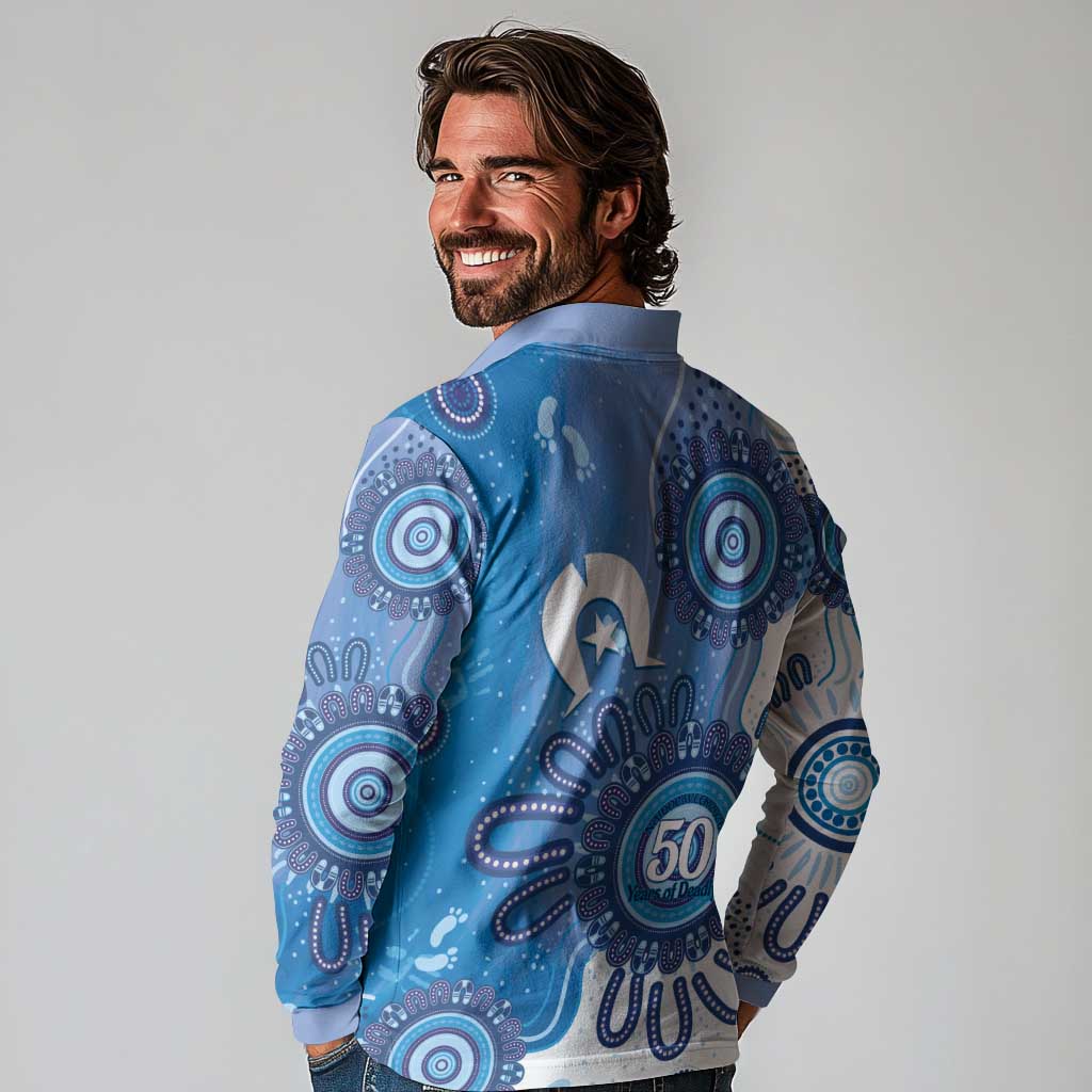 NAIDOC Week 2026 Long Sleeve Polo Shirt 50 Years Deadly Dhari Blue Aboriginal Art