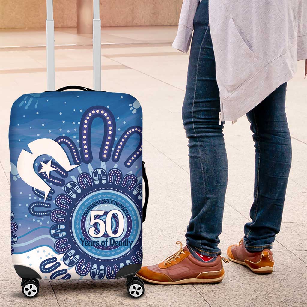NAIDOC Week 2026 Luggage Cover 50 Years Deadly Dhari Blue Aboriginal Art