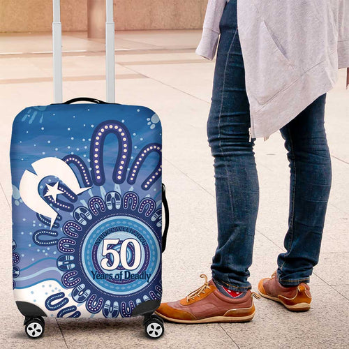 NAIDOC Week 2026 Luggage Cover 50 Years Deadly Dhari Blue Aboriginal Art