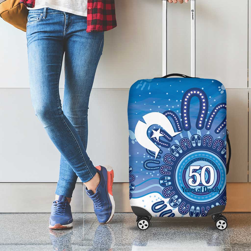 NAIDOC Week 2026 Luggage Cover 50 Years Deadly Dhari Blue Aboriginal Art