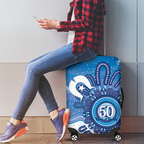 NAIDOC Week 2026 Luggage Cover 50 Years Deadly Dhari Blue Aboriginal Art