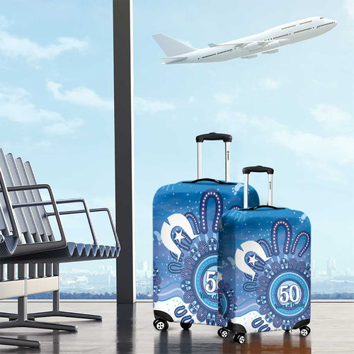 NAIDOC Week 2026 Luggage Cover 50 Years Deadly Dhari Blue Aboriginal Art