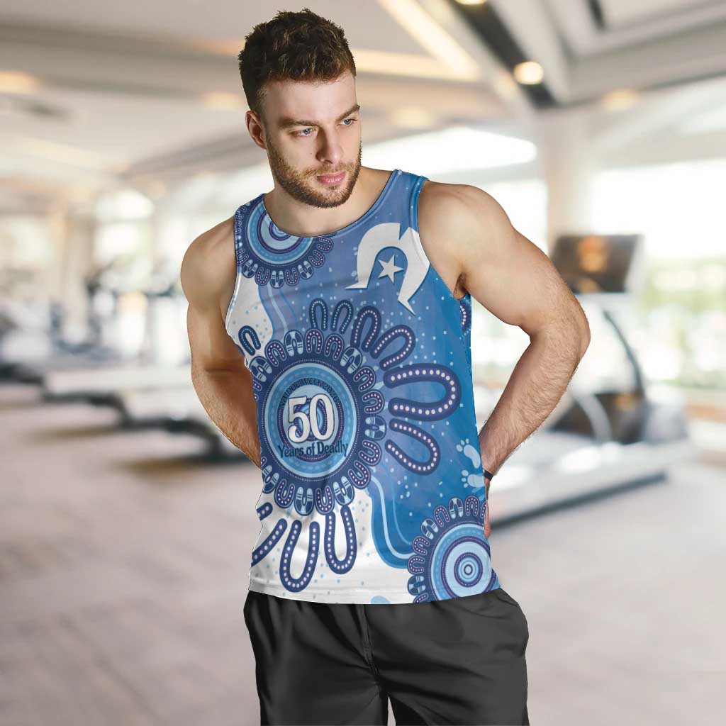 NAIDOC Week 2026 Men Tank Top 50 Years Deadly Dhari Blue Aboriginal Art