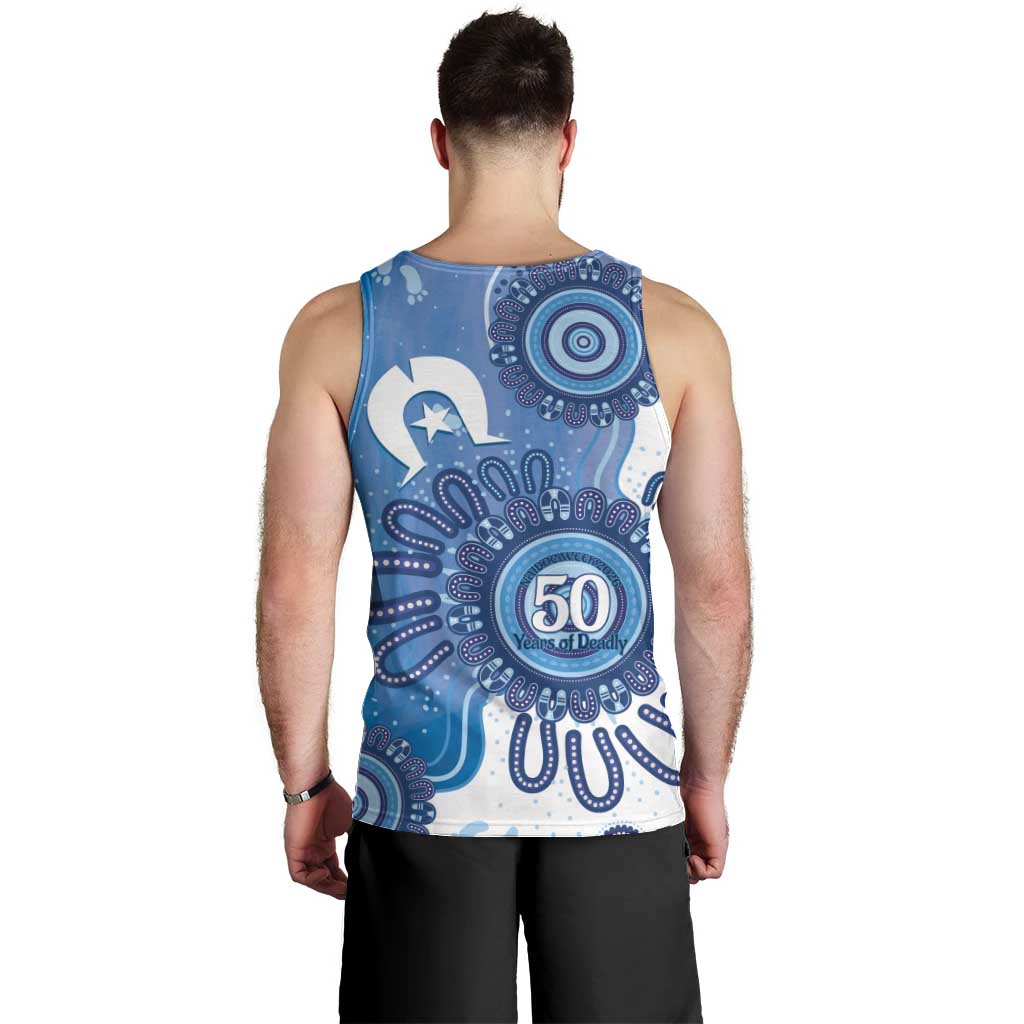 NAIDOC Week 2026 Men Tank Top 50 Years Deadly Dhari Blue Aboriginal Art