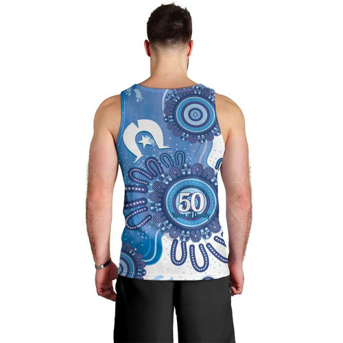 NAIDOC Week 2026 Men Tank Top 50 Years Deadly Dhari Blue Aboriginal Art