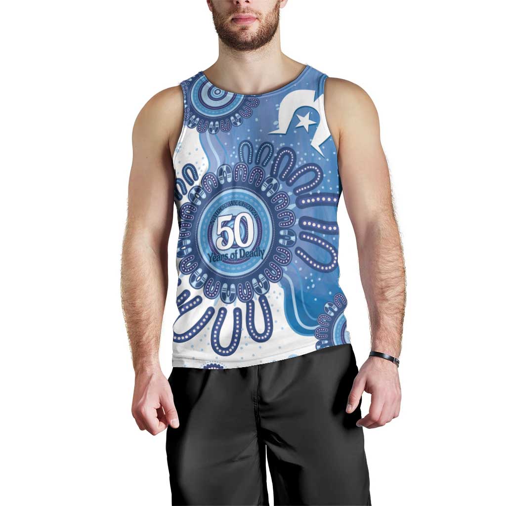 NAIDOC Week 2026 Men Tank Top 50 Years Deadly Dhari Blue Aboriginal Art