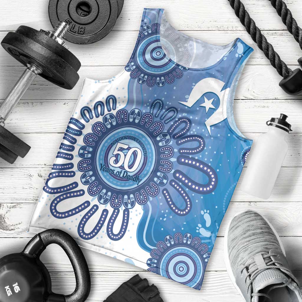 NAIDOC Week 2026 Men Tank Top 50 Years Deadly Dhari Blue Aboriginal Art