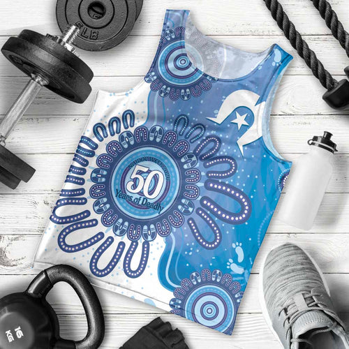 NAIDOC Week 2026 Men Tank Top 50 Years Deadly Dhari Blue Aboriginal Art