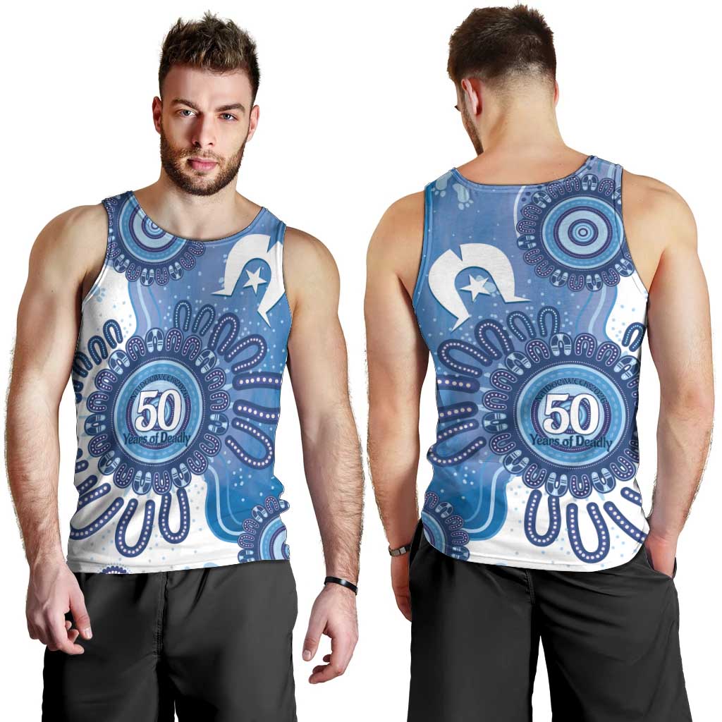 NAIDOC Week 2026 Men Tank Top 50 Years Deadly Dhari Blue Aboriginal Art