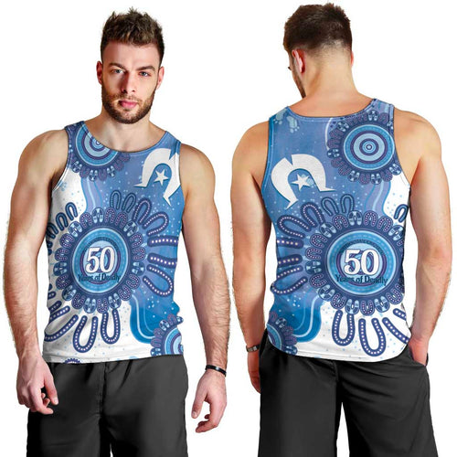 NAIDOC Week 2026 Men Tank Top 50 Years Deadly Dhari Blue Aboriginal Art