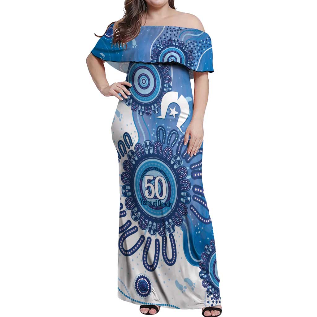 NAIDOC Week 2026 Off Shoulder Maxi Dress 50 Years Deadly Dhari Blue Aboriginal Art