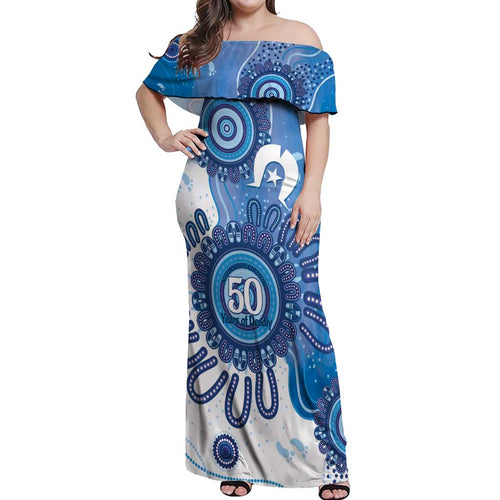 NAIDOC Week 2026 Off Shoulder Maxi Dress 50 Years Deadly Dhari Blue Aboriginal Art