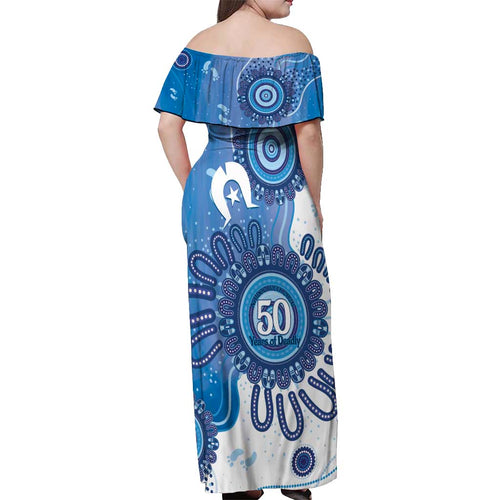 NAIDOC Week 2026 Off Shoulder Maxi Dress 50 Years Deadly Dhari Blue Aboriginal Art