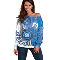 NAIDOC Week 2026 Off Shoulder Sweater 50 Years Deadly Dhari Blue Aboriginal Art