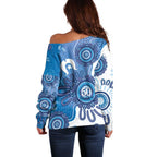 NAIDOC Week 2026 Off Shoulder Sweater 50 Years Deadly Dhari Blue Aboriginal Art
