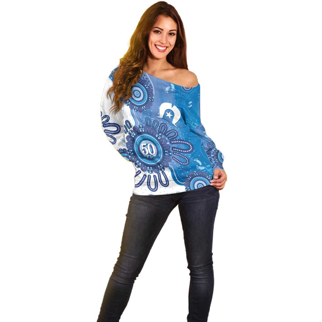 NAIDOC Week 2026 Off Shoulder Sweater 50 Years Deadly Dhari Blue Aboriginal Art