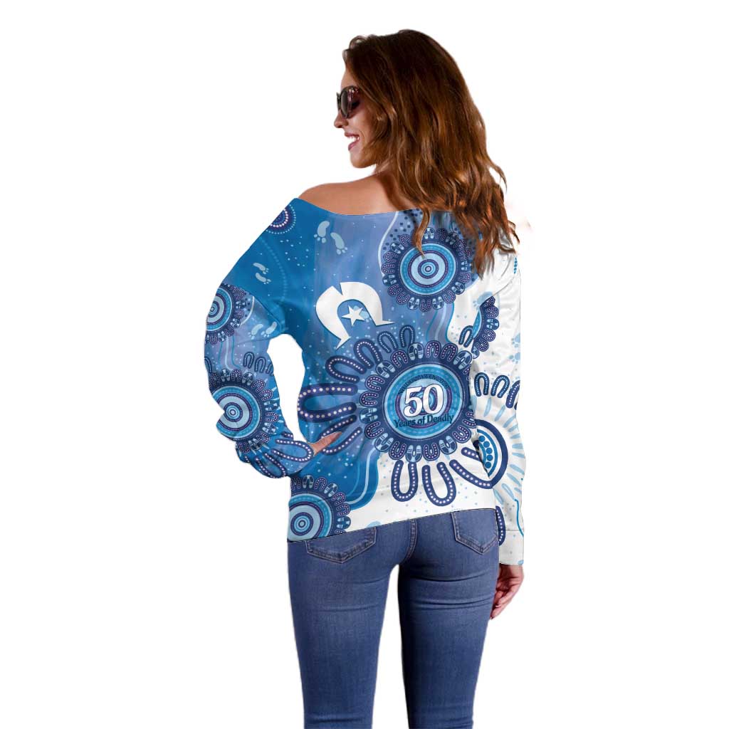 NAIDOC Week 2026 Off Shoulder Sweater 50 Years Deadly Dhari Blue Aboriginal Art
