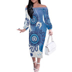 NAIDOC Week 2026 Off The Shoulder Long Sleeve Dress 50 Years Deadly Dhari Blue Aboriginal Art