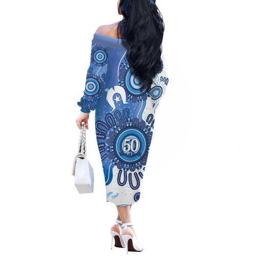 NAIDOC Week 2026 Off The Shoulder Long Sleeve Dress 50 Years Deadly Dhari Blue Aboriginal Art