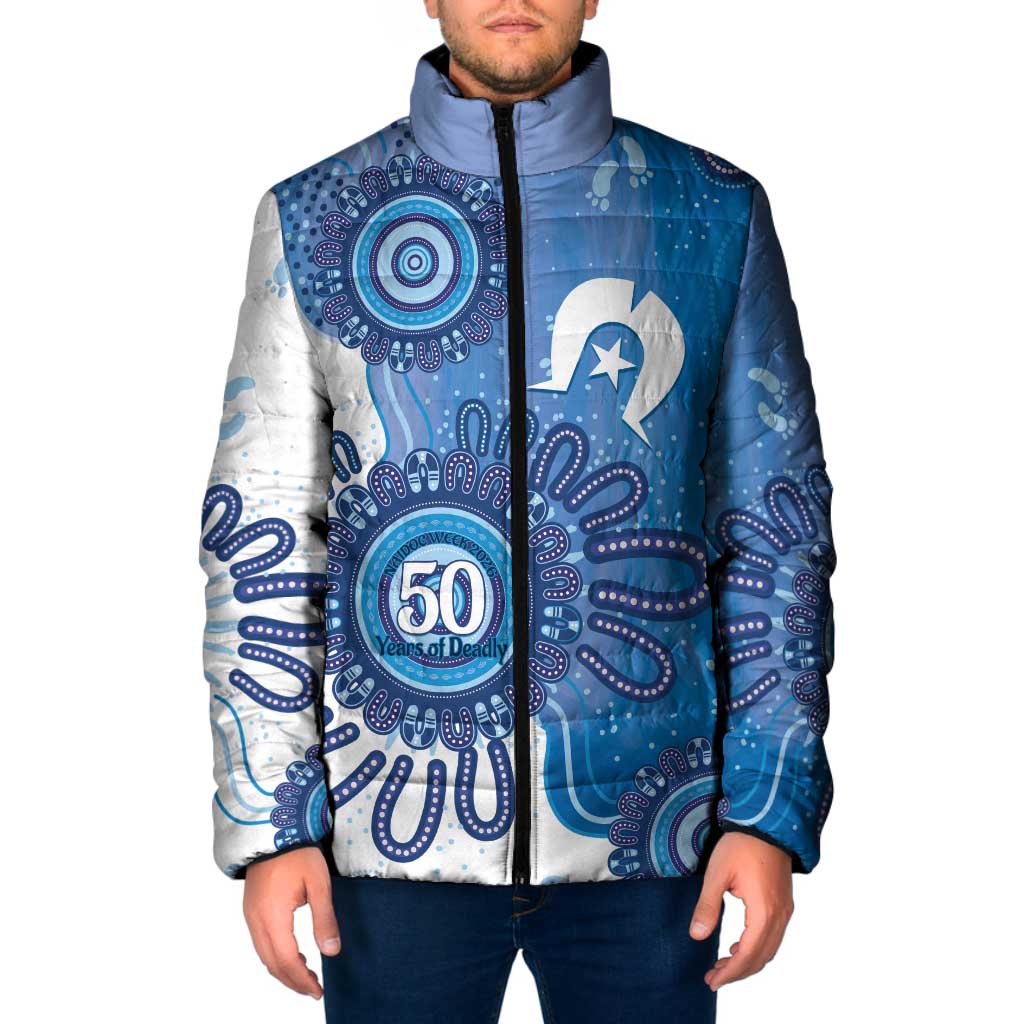 NAIDOC Week 2026 Padded Jacket 50 Years Deadly Dhari Blue Aboriginal Art