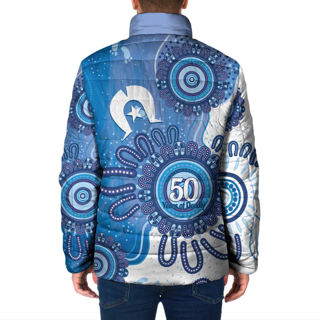 NAIDOC Week 2026 Padded Jacket 50 Years Deadly Dhari Blue Aboriginal Art
