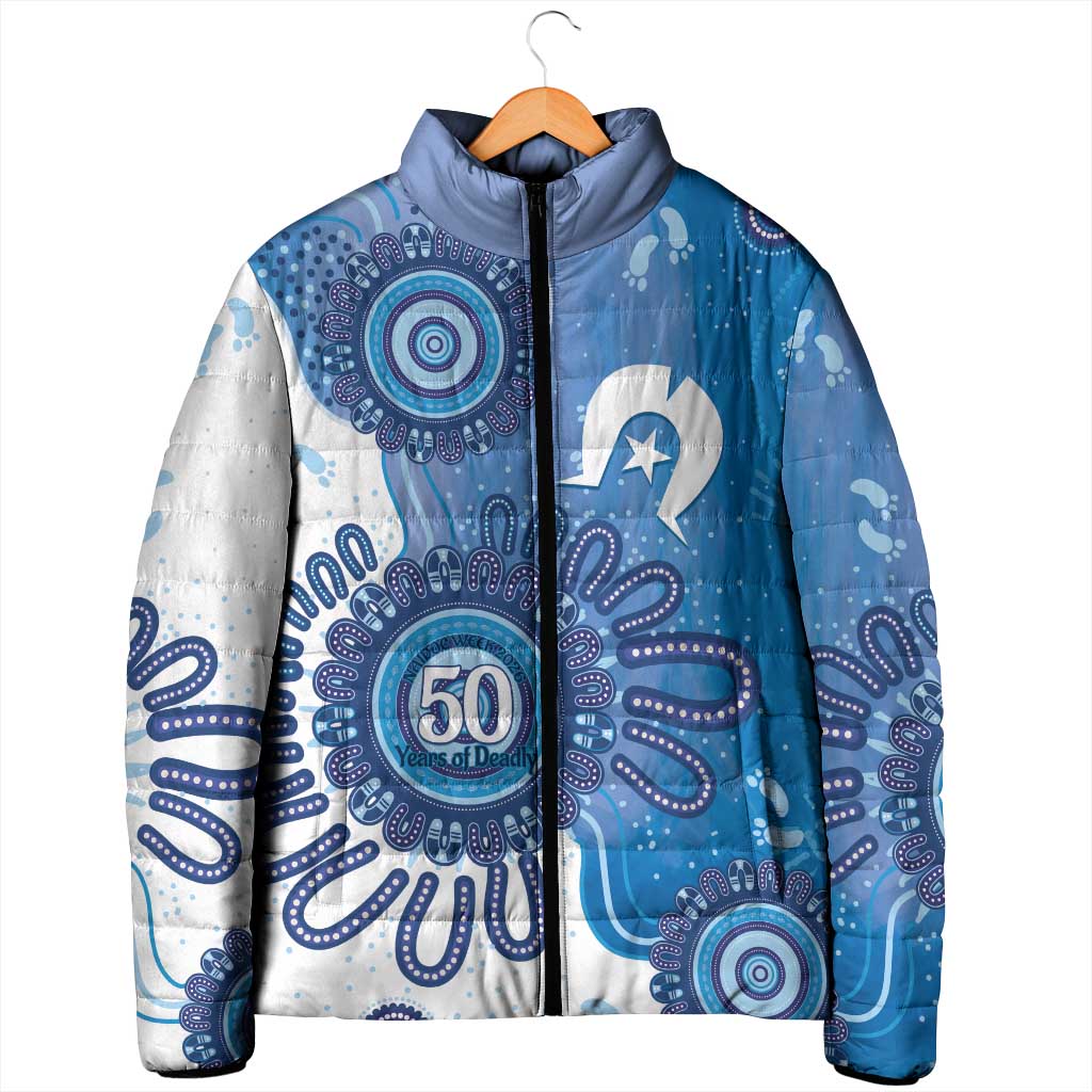 NAIDOC Week 2026 Padded Jacket 50 Years Deadly Dhari Blue Aboriginal Art