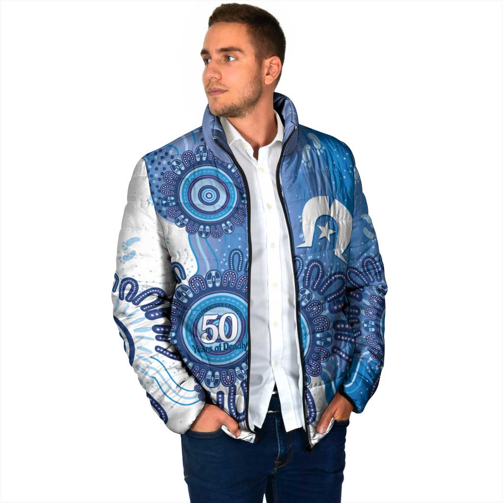 NAIDOC Week 2026 Padded Jacket 50 Years Deadly Dhari Blue Aboriginal Art
