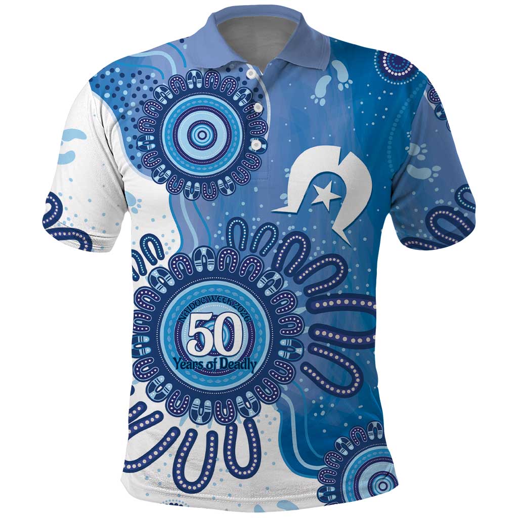 NAIDOC Week 2026 Polo Shirt 50 Years Deadly Dhari Blue Aboriginal Art