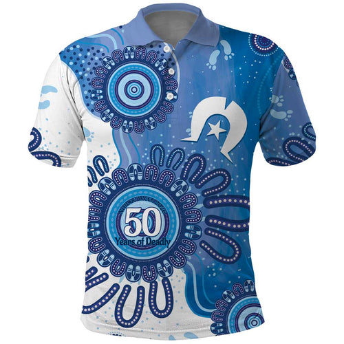 NAIDOC Week 2026 Polo Shirt 50 Years Deadly Dhari Blue Aboriginal Art