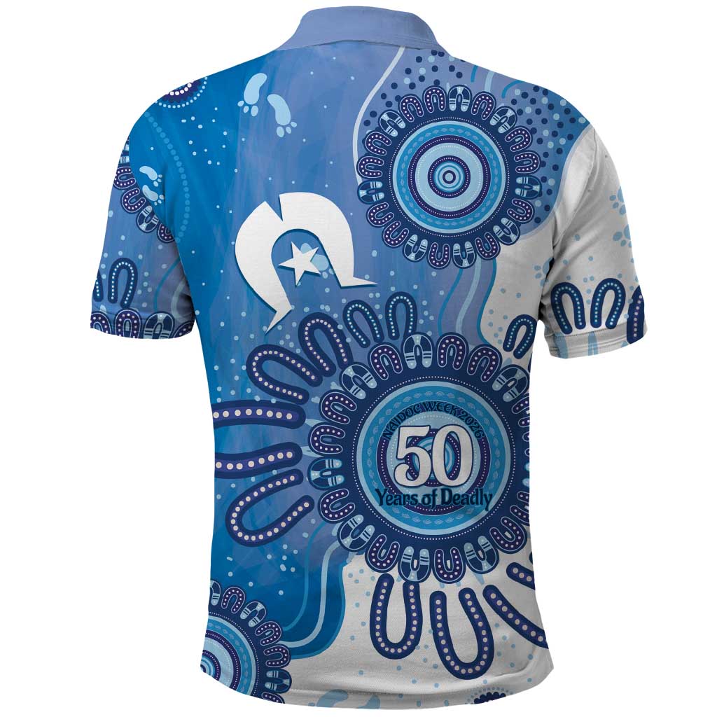 NAIDOC Week 2026 Polo Shirt 50 Years Deadly Dhari Blue Aboriginal Art