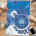 NAIDOC Week 2026 Puzzle 50 Years Deadly Dhari Blue Aboriginal Art