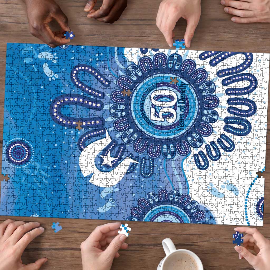 NAIDOC Week 2026 Puzzle 50 Years Deadly Dhari Blue Aboriginal Art