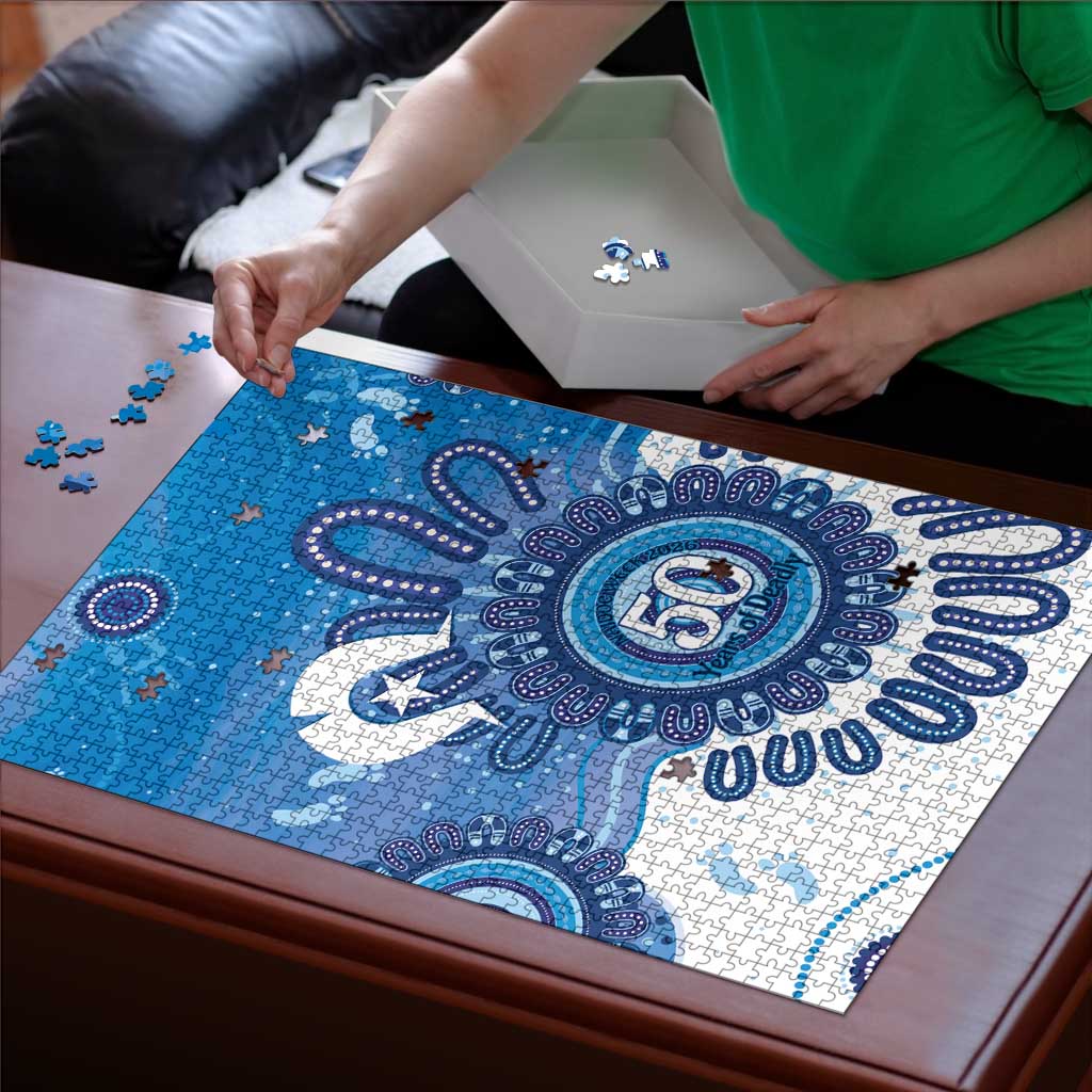 NAIDOC Week 2026 Puzzle 50 Years Deadly Dhari Blue Aboriginal Art