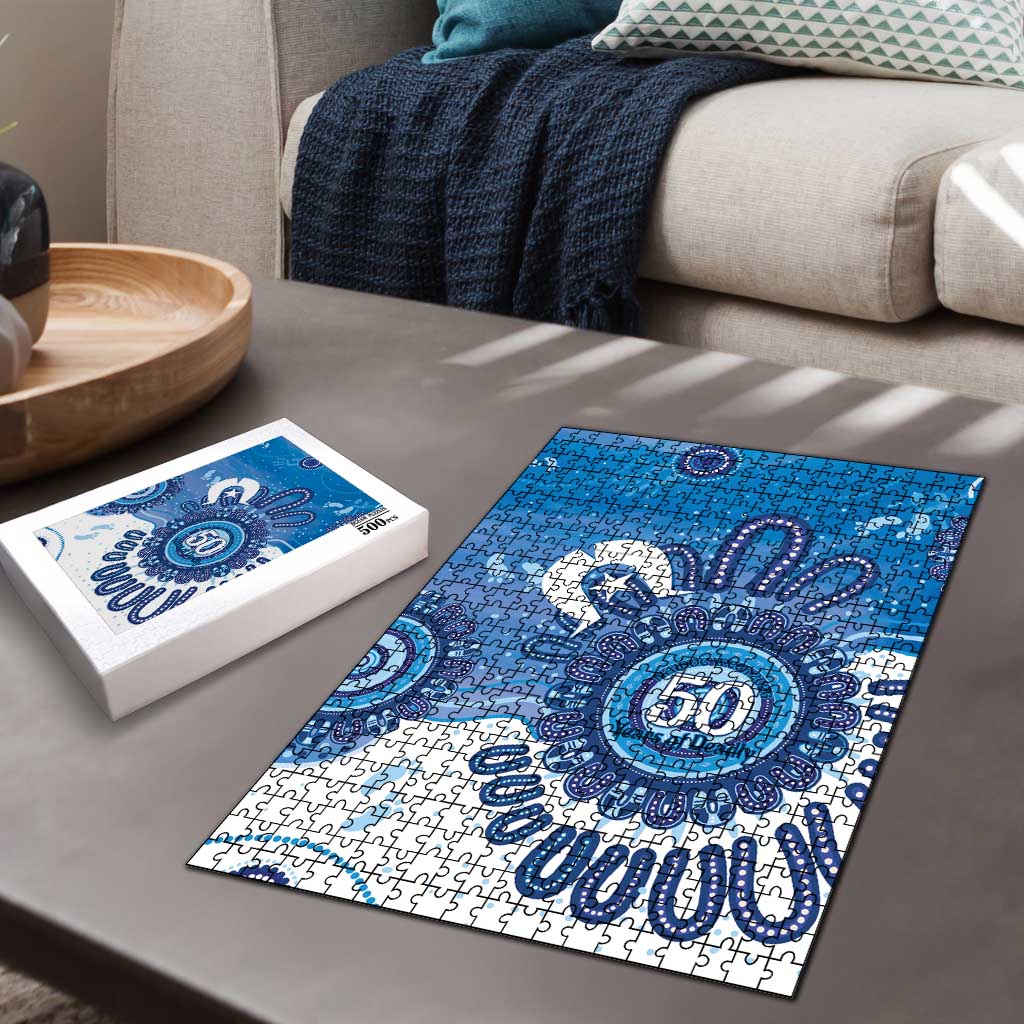 NAIDOC Week 2026 Puzzle 50 Years Deadly Dhari Blue Aboriginal Art