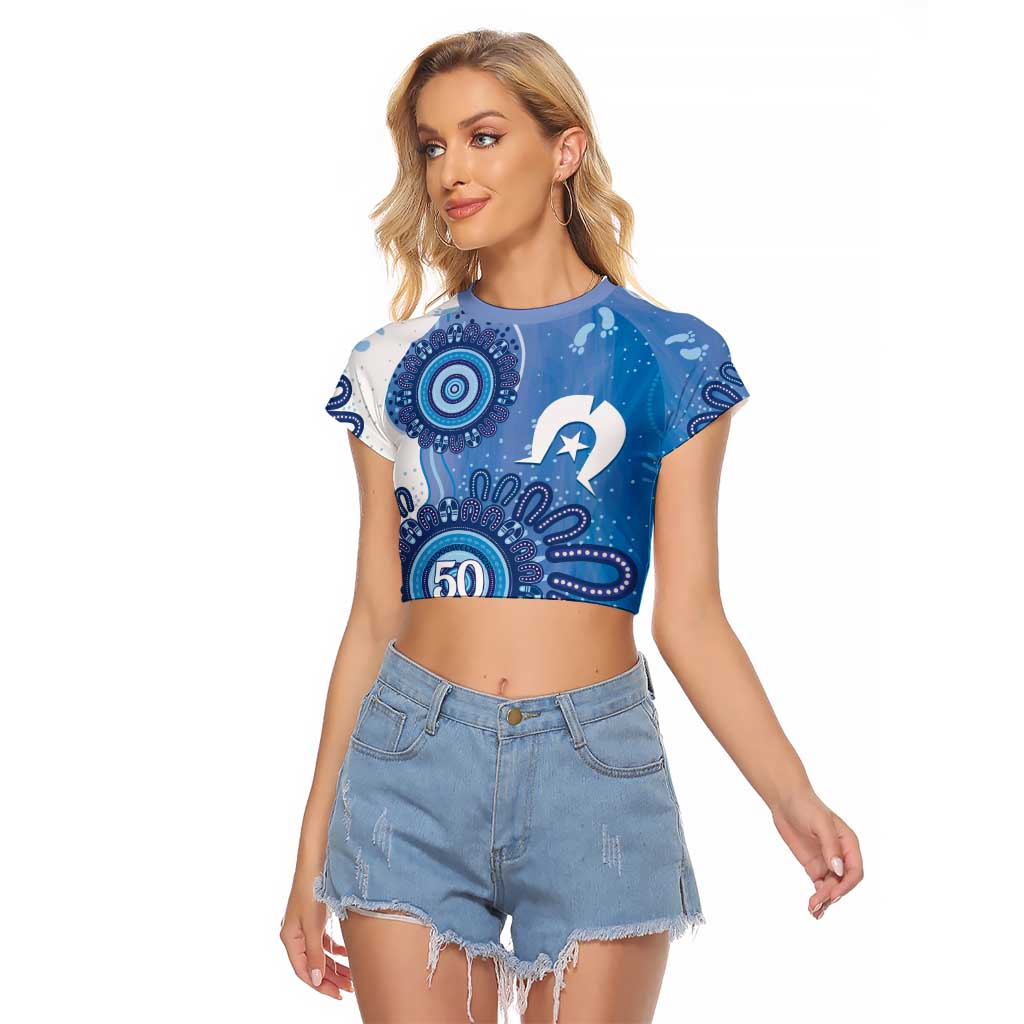 NAIDOC Week 2026 Raglan Cropped T Shirt 50 Years Deadly Dhari Blue Aboriginal Art