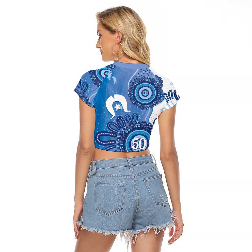 NAIDOC Week 2026 Raglan Cropped T Shirt 50 Years Deadly Dhari Blue Aboriginal Art